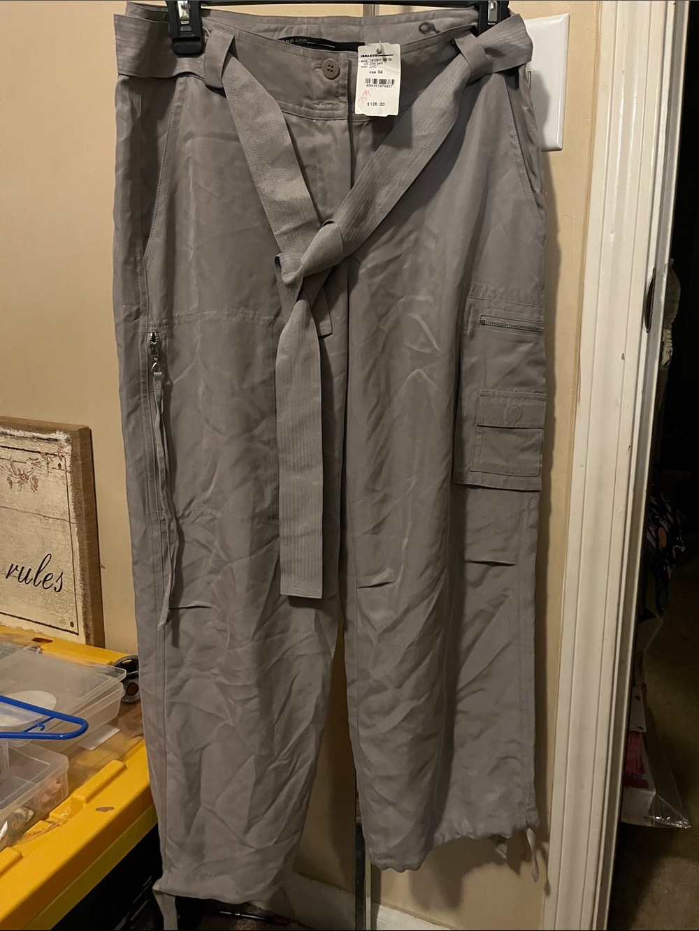 Gray Men's Cargo Trousers with Tie Belt